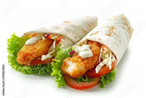 chicken tenders wrap coleslaw, tomato slices, mayonnaise isolated on white  photo