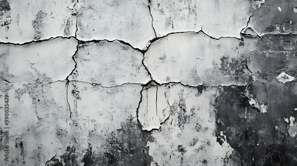 Obraz premium A distressed black and white concrete wall with visible cracks and imperfections