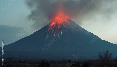 Volcano with molten lava and smoke representing eruption, global warming and natural forces