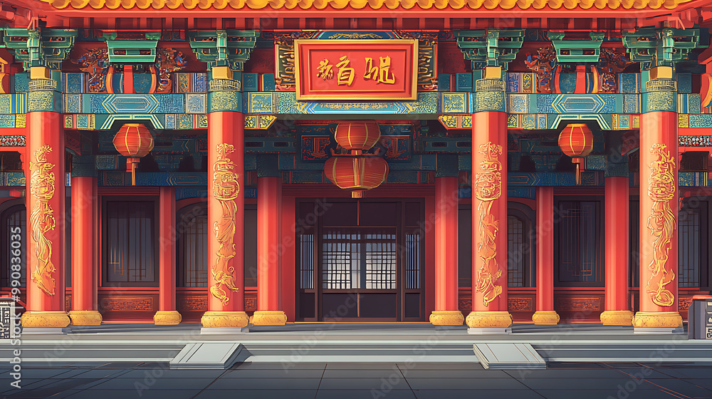Traditional Chinese temple background with ornate architecture, red pillars, and intricate carvings Traditional Chinese temple background with ornate architecture, red pillars, and intricate carvings