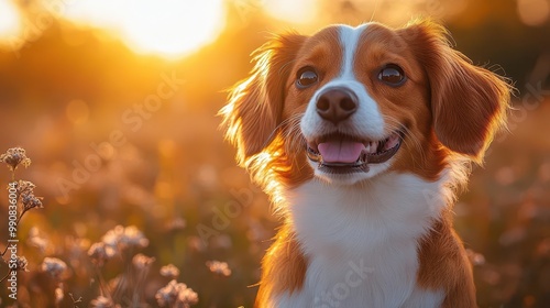 playful nederlandse kooikerhondje dog portrait alert expression outdoor natural setting soft bokeh background