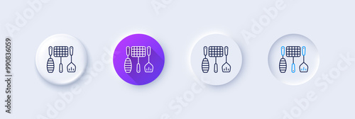 Grill tools line icon. Neumorphic, Purple gradient, 3d pin buttons. Barbecue utensils sign. Food cooking baskets and spatula symbol. Line icons. Neumorphic buttons with outline signs. Vector