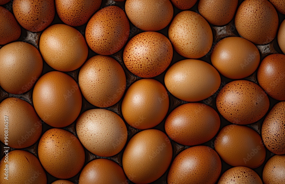 A beautiful arrangement of various brown eggs from a top view on a dark surface A beautiful arrangement of various brown eggs from a top view on a dark surface