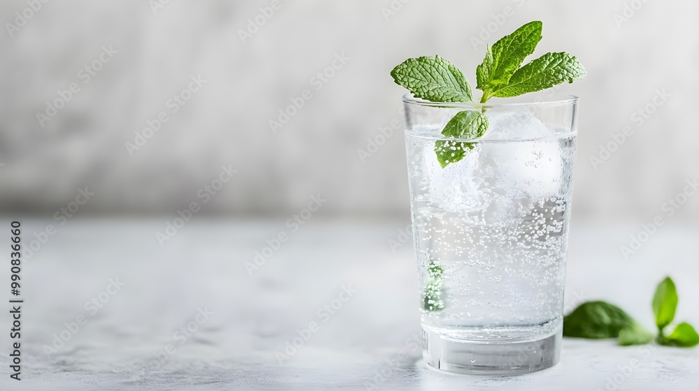 Refreshing glass of sparkling water with mint leaves on a light background. Refreshing glass of sparkling water with mint leaves on a light background.