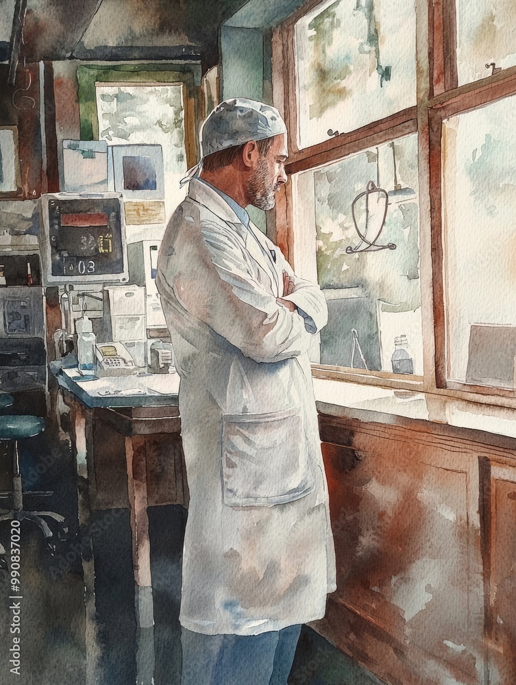A thoughtful male doctor gazes out the window in a serene medical office, wearing a surgical cap and coat. A thoughtful male doctor gazes out the window in a serene medical office, wearing a surgical cap and coat.