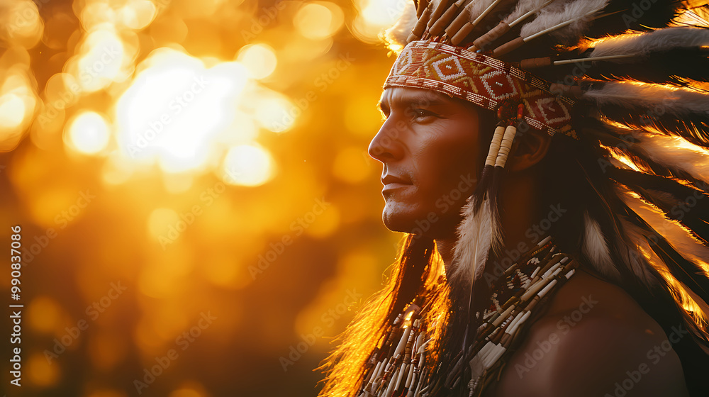 Native american man in traditional regalia at sunset - photo. Native ...