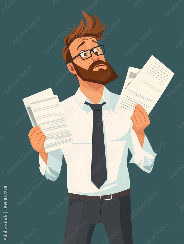 A confused Caucasian man with glasses holds paperwork, looking perplexed in a colorful, animated style. A confused Caucasian man with glasses holds paperwork, looking perplexed in a colorful, animated style.