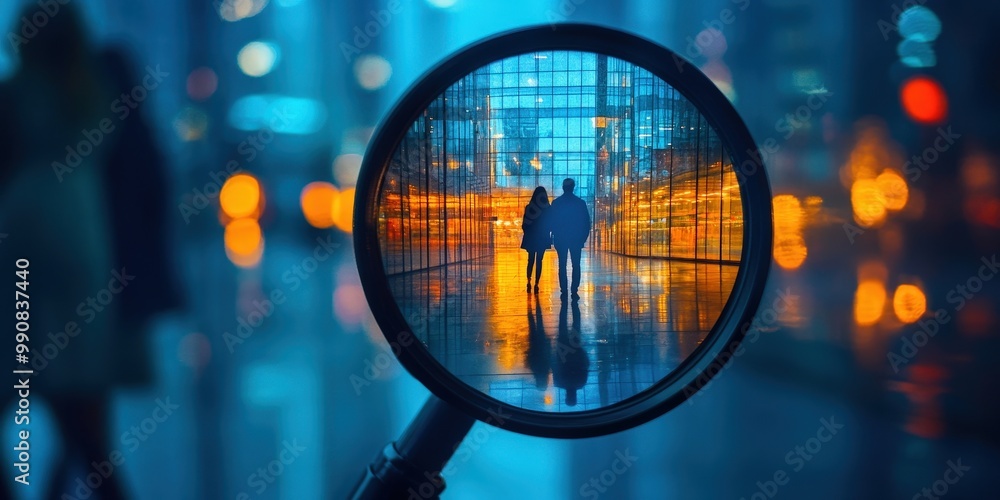 Silhouette Through Magnifying Glass in Urban Setting Silhouette Through Magnifying Glass in Urban Setting