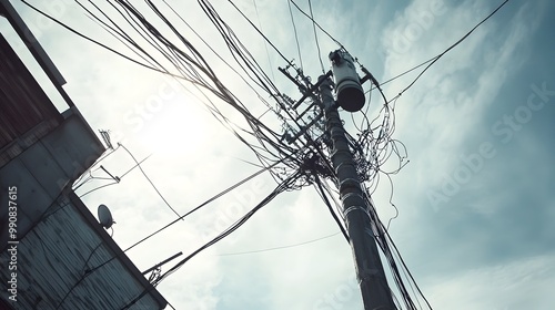 A photograph depicting an electrical pole with a chaotic web of tangled power lines hanging loosely creating a complex and disorderly network of wires set against a bright sky and an urban background photo