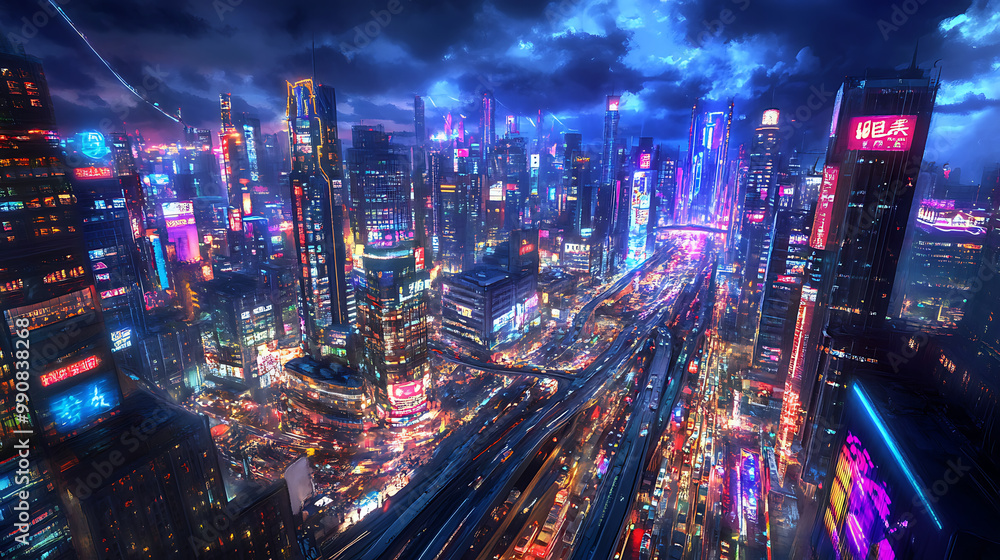 Fototapeta premium background with a anime cityscape featuring tall buildings, neon lights, and bustling streets