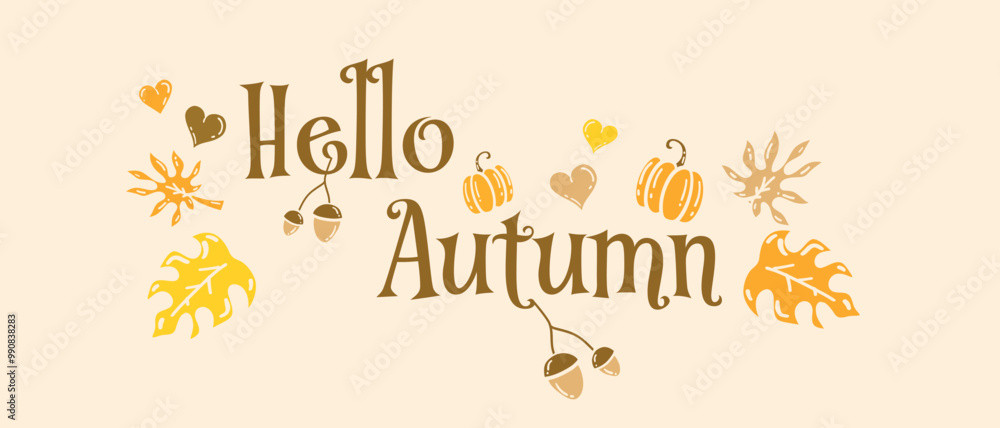 Vector Hello Autumn calligraphy design with autumn border of yellow dry leaves, acorns, hearts and pumpkins. Fall season greeting card isolated design on light background. Vector Hello Autumn calligraphy design with autumn border of yellow dry leaves, acorns, hearts and pumpkins. Fall season greeting card isolated design on light background.
