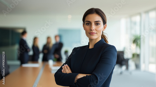 Free Download A confident businesswoman standing in a modern boardroom with her arms crossed, ready for a meeting. Her positive attitude radiates as her colleagues prepare in the background. The - GFXLoad
