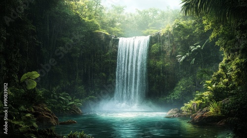 Nestled within a tropical rainforest is a magnificent waterfall.