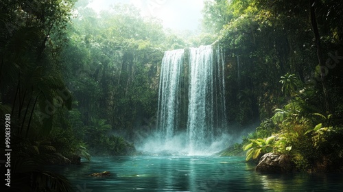 Nestled within a tropical rainforest is a magnificent waterfall. photo