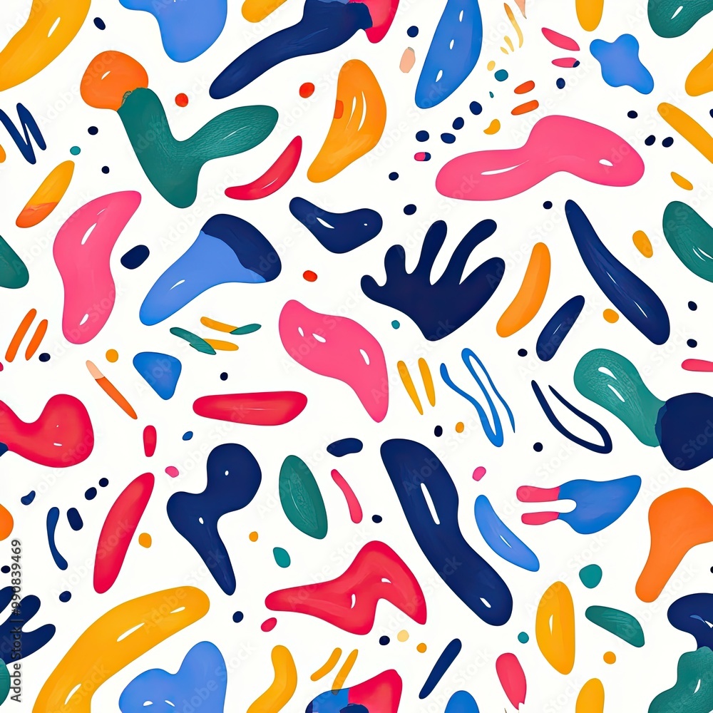 Naklejka premium A vibrant abstract pattern featuring colorful organic shapes on a white background, creating a playful and modern aesthetic.