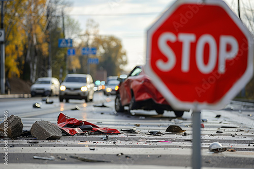 STOP Traffic Accidents by following road signs and driving safely highlighted by wrecked car and stop sign after crash photo