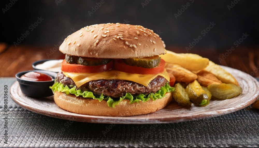 hamburger with cheese and tomato, beef patty, pickles and fries hamburger with cheese and tomato, beef patty, pickles and fries