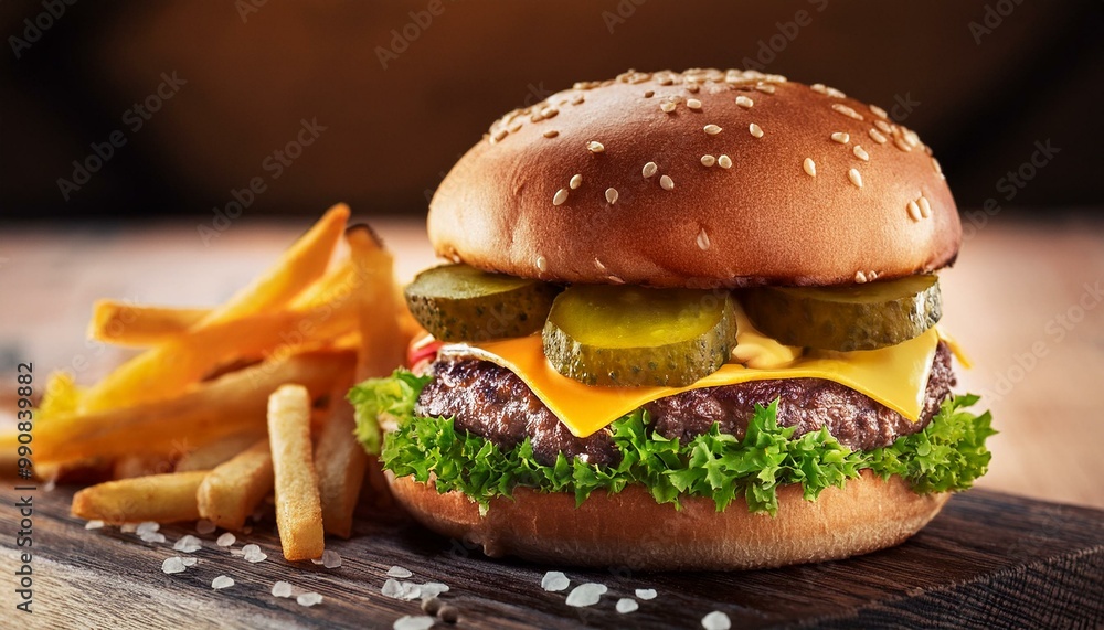 hamburger with cheese and tomato, beef patty, pickles and fries hamburger with cheese and tomato, beef patty, pickles and fries