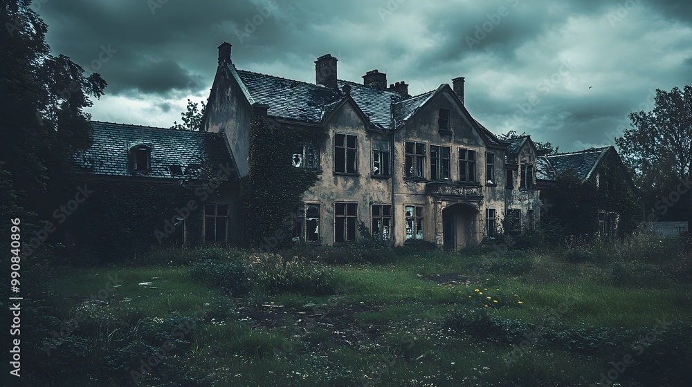 Dilapidated and decaying abandoned building surrounded by lush overgrown vegetation and a moody cloudy sky creating a gloomy and atmospheric landscape Dilapidated and decaying abandoned building surrounded by lush overgrown vegetation and a moody cloudy sky creating a gloomy and atmospheric landscape