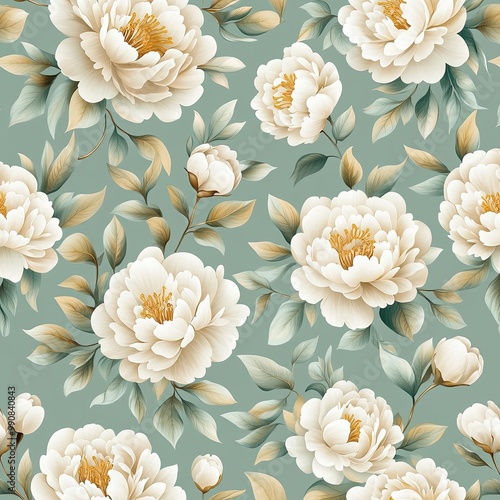 Fototapeta Naklejka Na Ścianę i Meble -  A beautiful floral pattern featuring white peonies and delicate leaves on a soft green background.