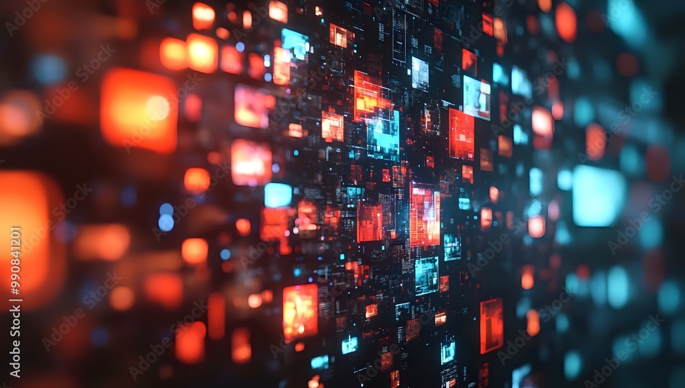 Obraz premium Abstract digital background with glowing squares and blurred lights.