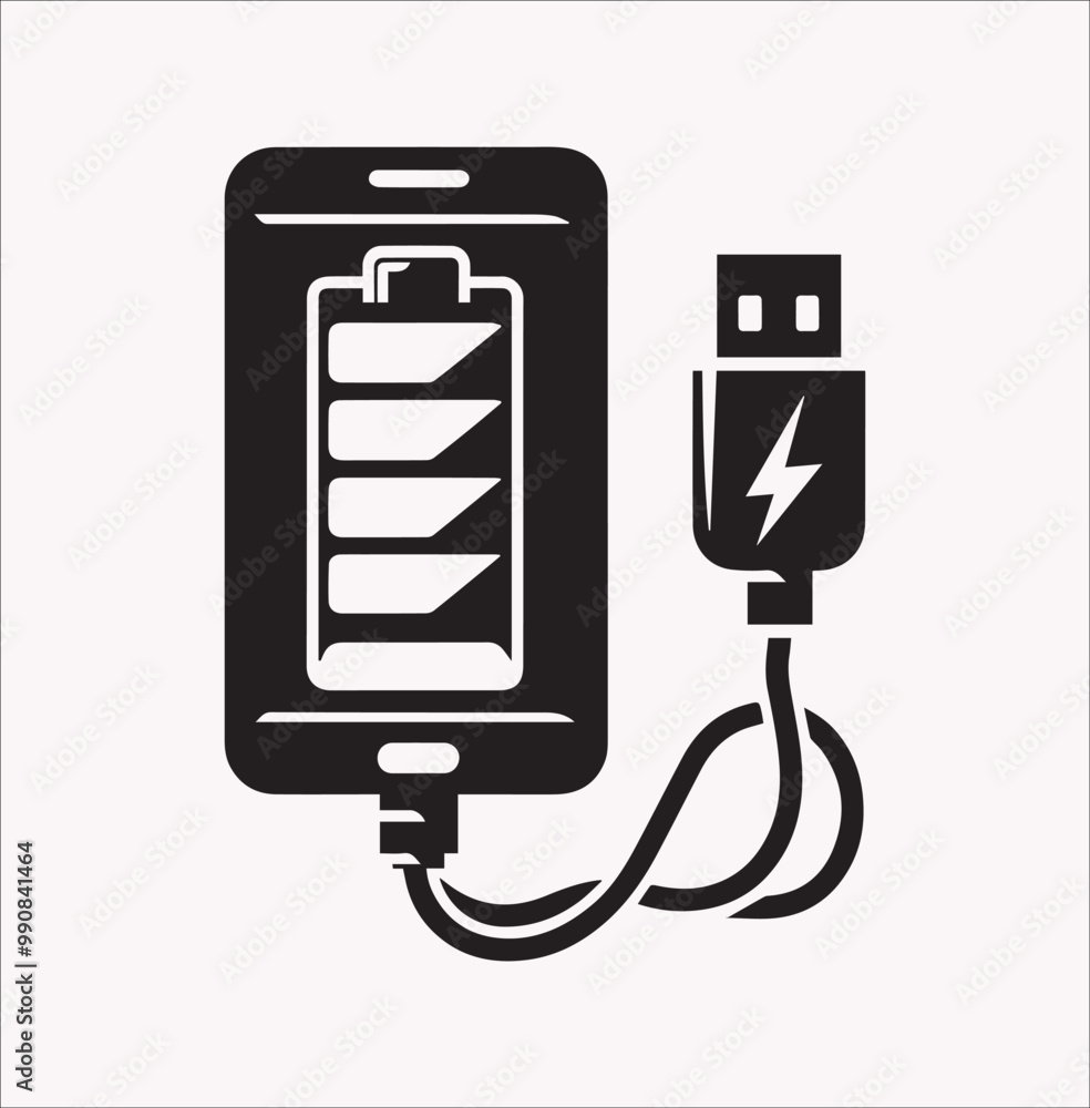 Smartphone connect battery charge icon vector silhouette on a white background Smartphone connect battery charge icon vector silhouette on a white background