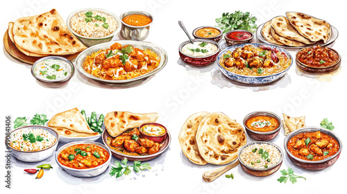 Four different types of food are shown in a row, including a variety of dishes such as rice, soup, and flatbread. Concept of abundance and diversity, with each dish offering a unique flavor