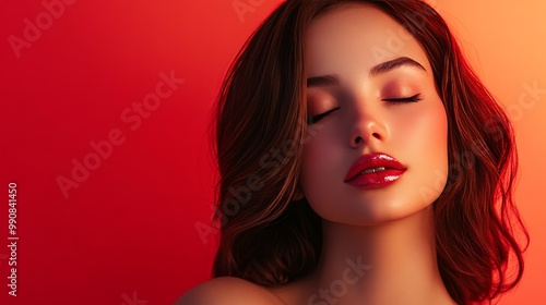 Adorable woman photographed against a gradient background to promote Shine Evening Mekeover Ruby Pomade with her eyes closed. photo