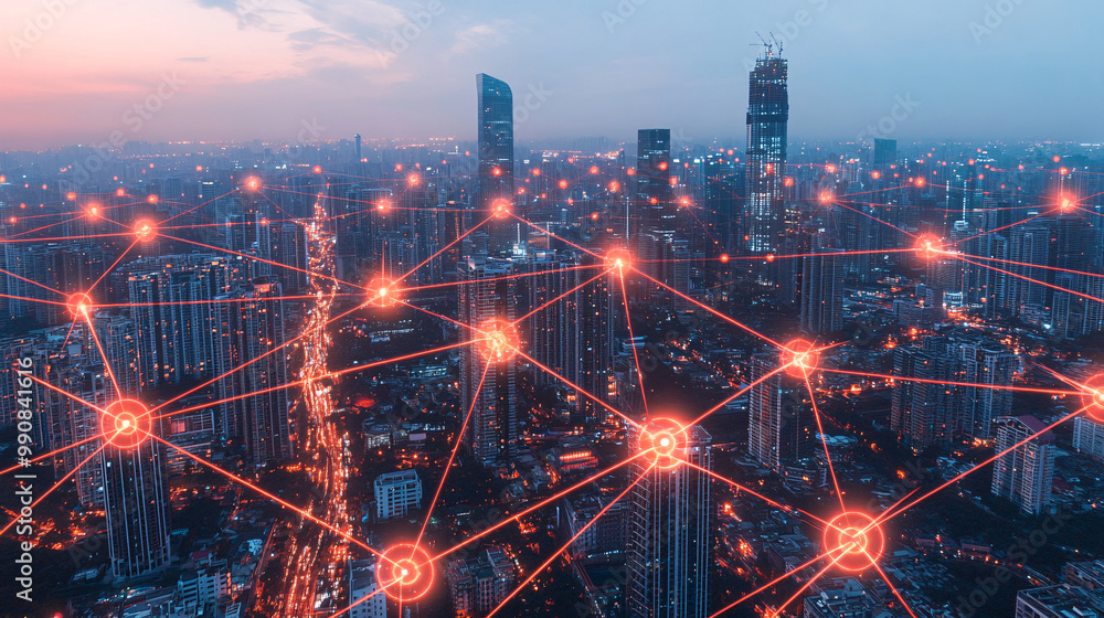Fototapeta premium Wide-angle aerial view of the city skyline at night with glowing red connections representing smart urban infrastructure, featuring intricate networks of light beams and interconnected digital element