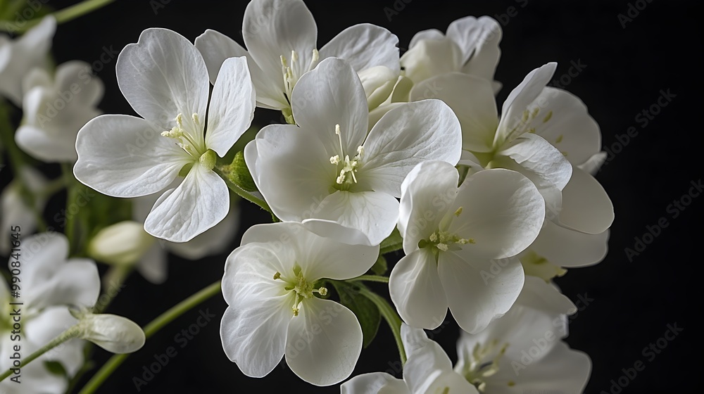 Obraz premium Breathtaking photograph of beautifully arranged delicate white flowers in full bloom showcasing their elegant petals and serene beauty against a dark minimalist background