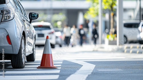 Wallpaper Mural A car accidentally bumping into a traffic cone in a crowded parking lot the cone tipping over other vehicles and shoppers in the background a minor but noticeable disruption Torontodigital.ca