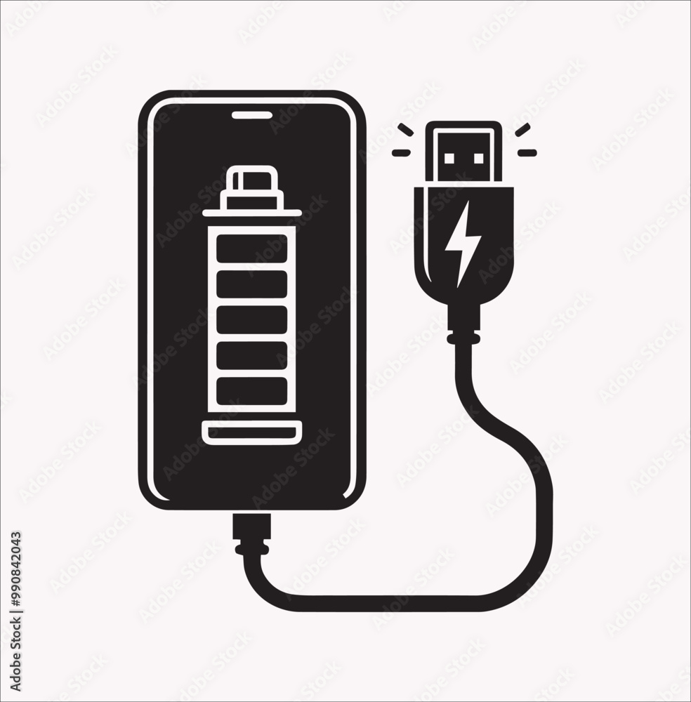 Smartphone connect battery charge icon vector silhouette on a white background Smartphone connect battery charge icon vector silhouette on a white background