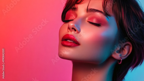 Adorable woman photographed against a gradient background to promote Shine Evening Mekeover Ruby Pomade with her eyes closed.