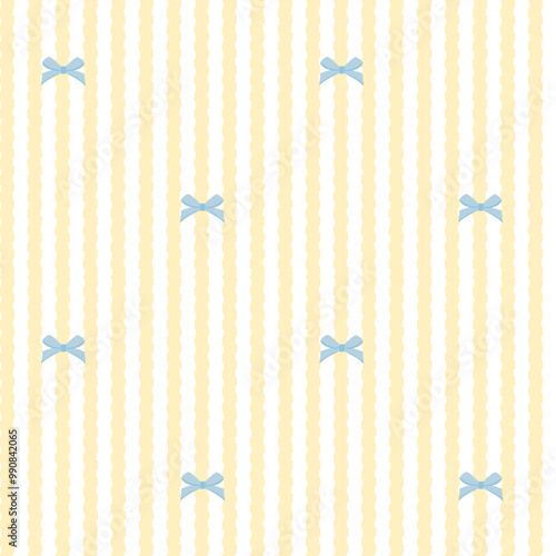 Vector pattern of fabric, wallpaper, wrapping paper, mats, and bed sheets, continuous in multiple sizes and repeatable. Cute style. Vertical stripes are wavy lines, decorated with cute bows.