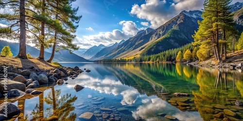 Trees and stones near Lake Shavlinskoe in the Altai mountains photo