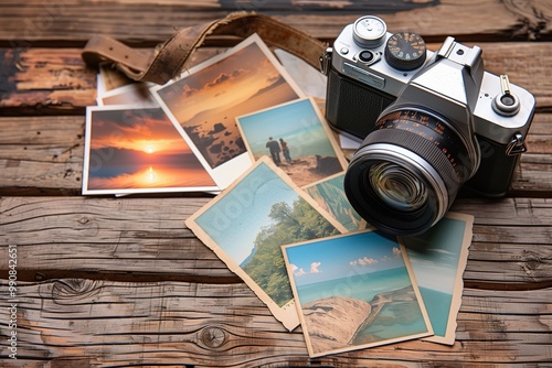 Old camera and photos on vintage wooden background