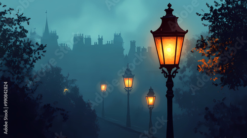 Street lamp with light glowing in the night. victorian street lights on foggy background. evening cityscape. vintage lanterns with warm glow. Victorian Street Scene. Illustration photo