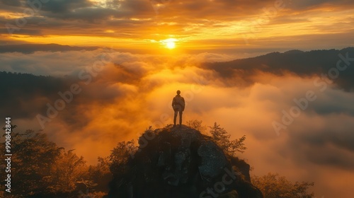 silhouetted figure overlooking misty rainforestcovered hills ethereal atmosphere sunrise golden light photo