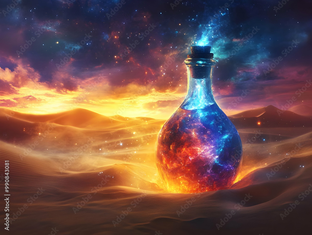 An ethereal glass potion bottle glows amidst a cosmic desert landscape at sunset, merging science and fantasy.
