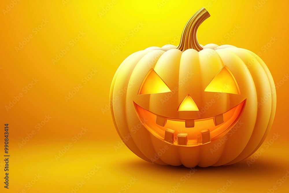 Halloween pumpkin with glowing face isolated on a bright yellow background. Generative Ai Halloween pumpkin with glowing face isolated on a bright yellow background. Generative Ai