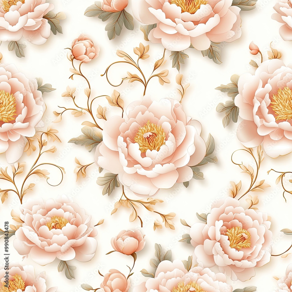 A delicate floral pattern featuring soft pink peonies and intricate greenery on a light background. A delicate floral pattern featuring soft pink peonies and intricate greenery on a light background.
