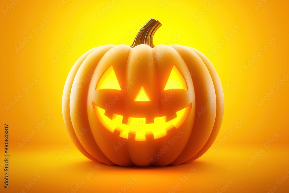 Halloween pumpkin with glowing face isolated on a bright yellow background. Generative Ai Halloween pumpkin with glowing face isolated on a bright yellow background. Generative Ai