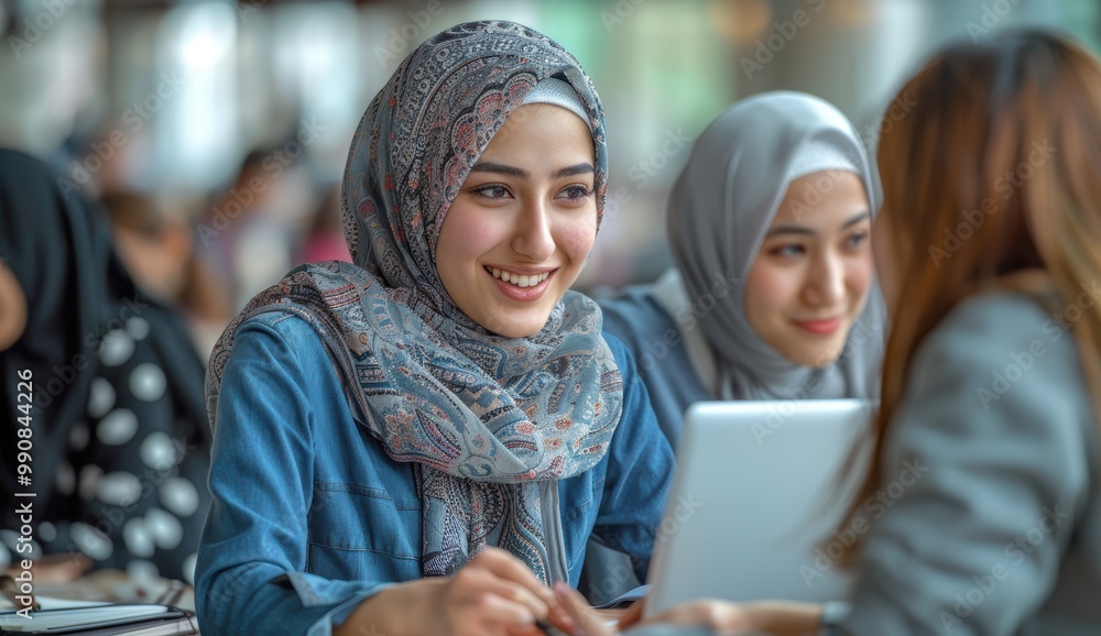 Women in hijabs collaborate on a project, smiling while working on a laptop in a social setting. Women in hijabs collaborate on a project, smiling while working on a laptop in a social setting.