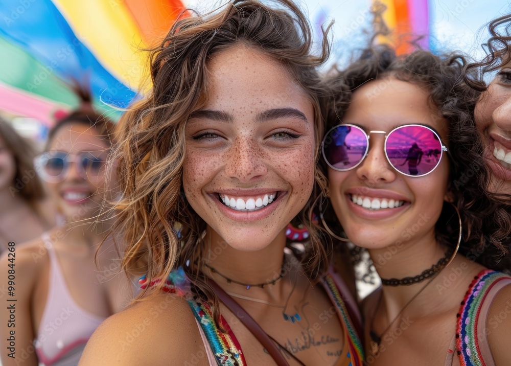 Two smiling women at a festival enjoying a sunny day under a colorful rainbow canopy with friends. Two smiling women at a festival enjoying a sunny day under a colorful rainbow canopy with friends.