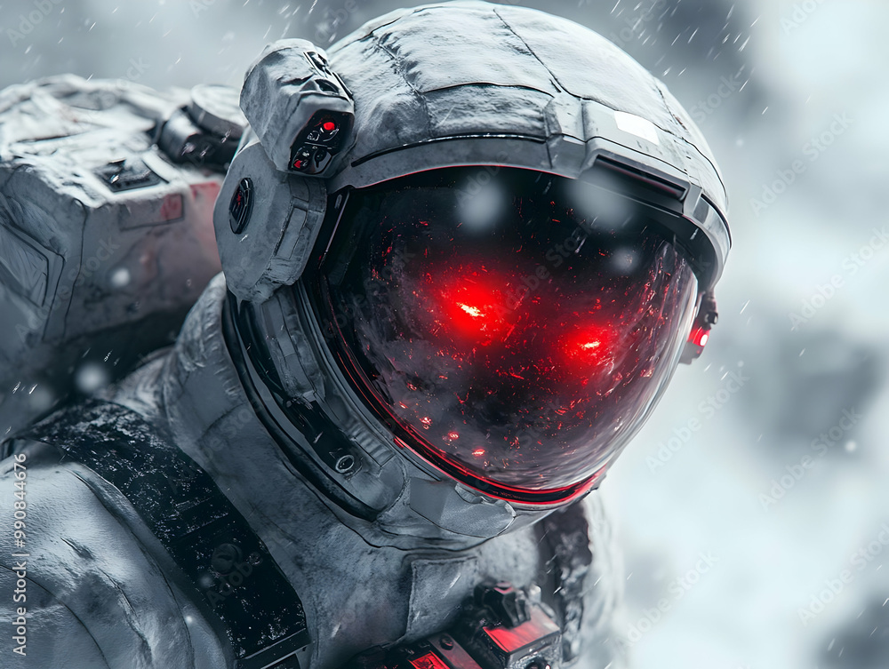 A futuristic astronaut with glowing red eyes exploring a snowy landscape, evoking a sense of space adventure and mystery. A futuristic astronaut with glowing red eyes exploring a snowy landscape, evoking a sense of space adventure and mystery.