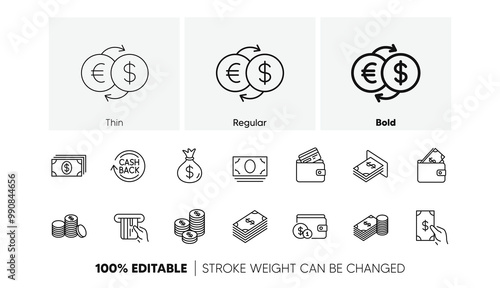 Cash, Wallet and Coins. Money and payment line icons. Account cashback linear icon set. Line icons set. Vector