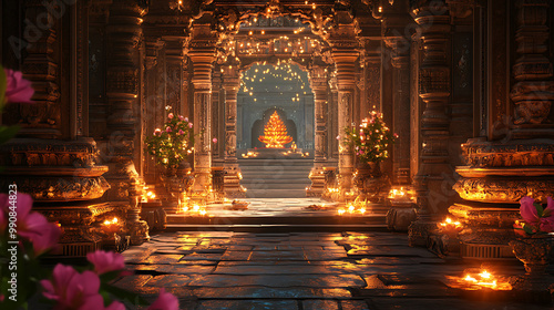 Indian temple background with ornate carvings, peaceful surroundings, and glowing oil lamps