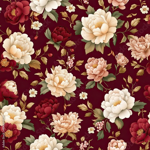A vibrant floral pattern featuring lush peonies and blooms on a deep burgundy background, creating an elegant and rich aesthetic.
