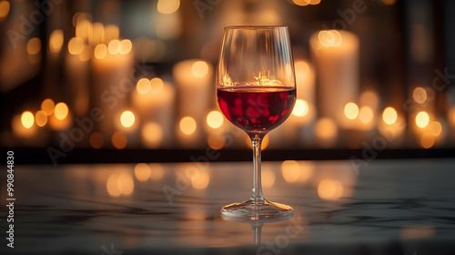 A glass of red wine elegantly placed on a marble surface with soft candlelight in the background.