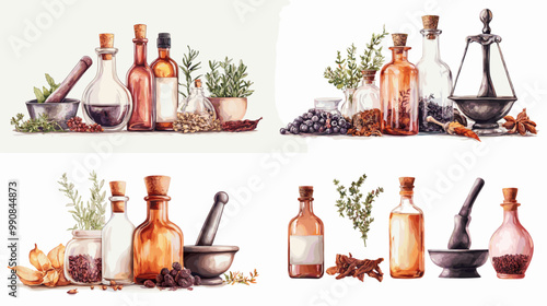 Four sets of herbs and spices are displayed on a table. The herbs include basil, rosemary, and thyme, while the spices include cinnamon, nutmeg, and cloves